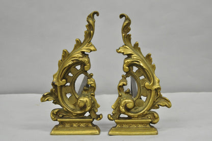 Vintage French Rococo Style Small Brass Bronze Acanthus Leaf Andirons - a Pair
