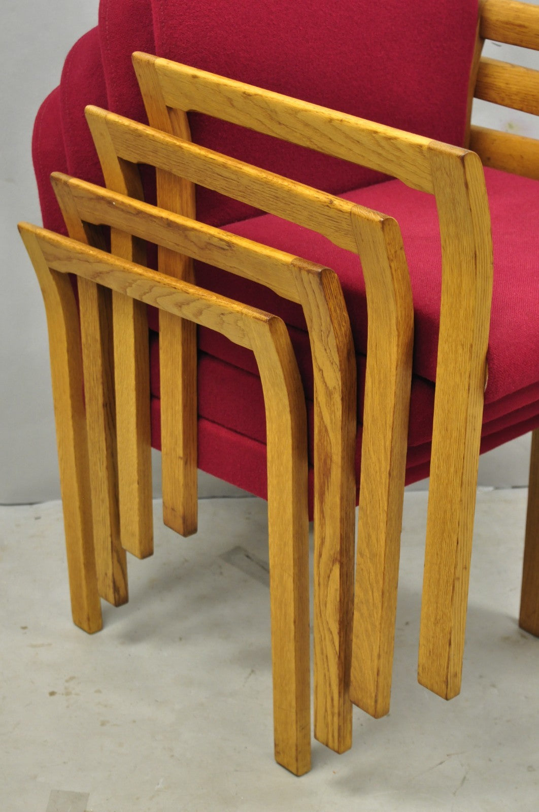 Vintage Gunlocke Mid Century Modern Oak Wood Stacking Arm Chairs - Set of 4