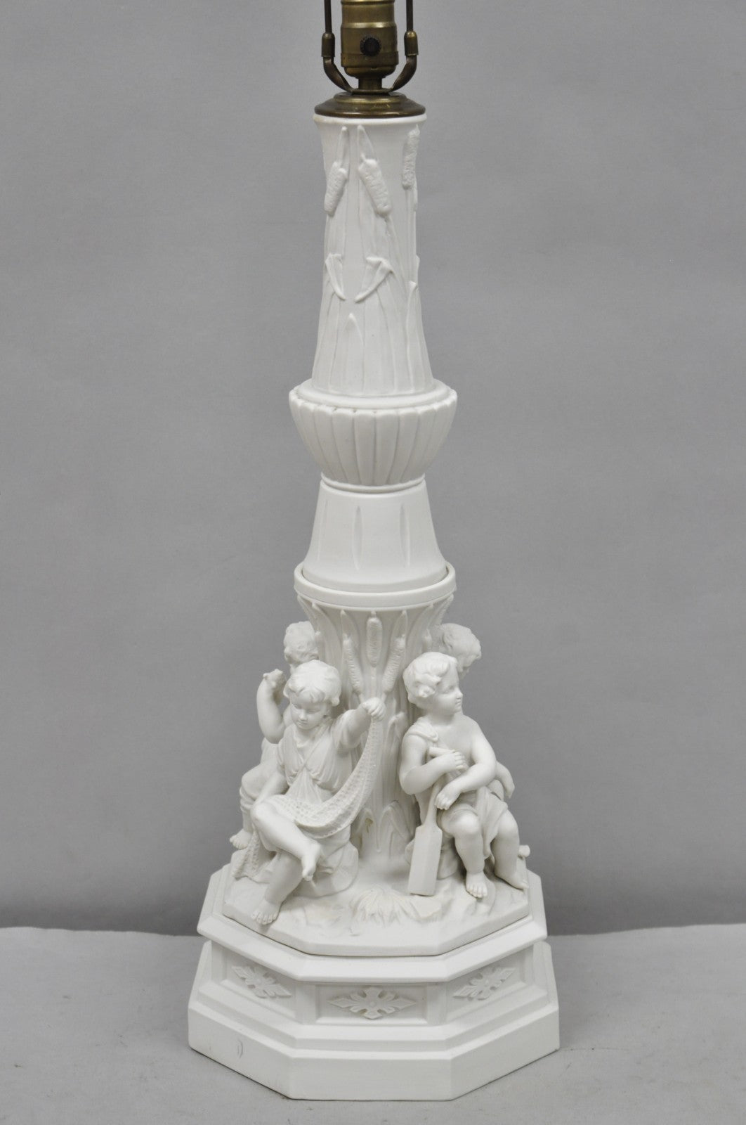 Vintage French Bisque White Porcelain Maritime Figural Cherubs Table Lamp