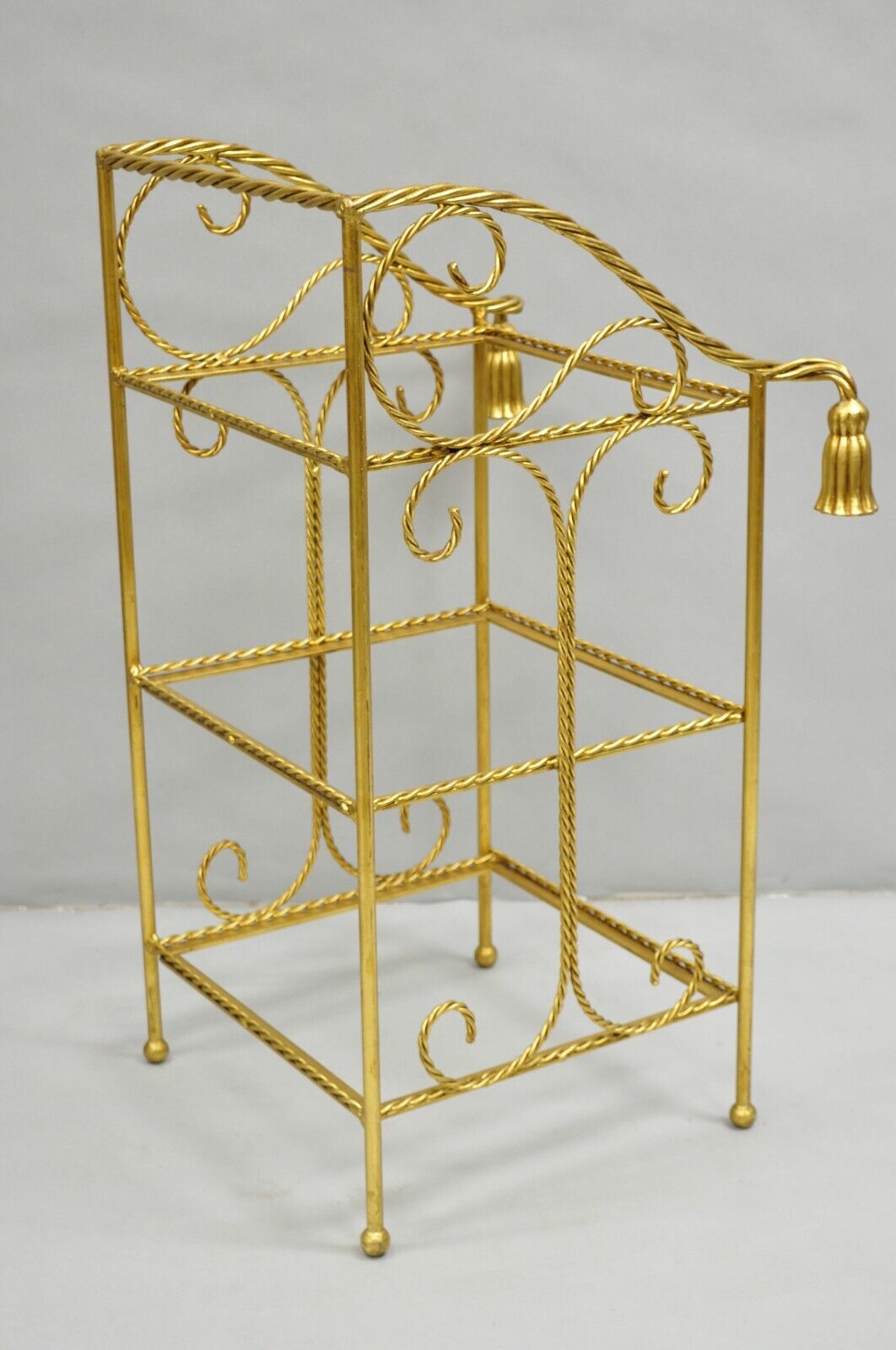 Italian Hollywood Regency Gold Gilt Iron Tassel 3 Tier Etagere Towel Rack Stand