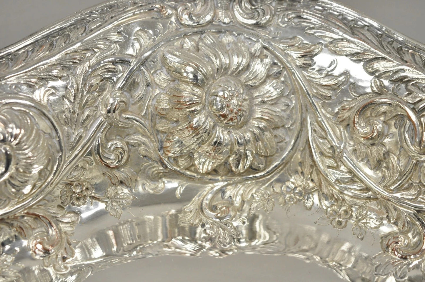 M&H English Victorian Art Nouveau Silver Plated Floral Repousse Fruit Bowls Pair