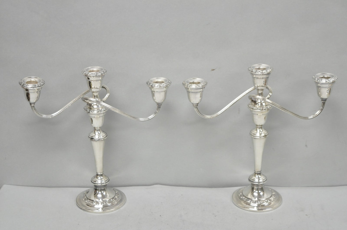 Vintage Gorham YC3021 Silver Plated 3 Arm Convertible Candelabra - a Pair