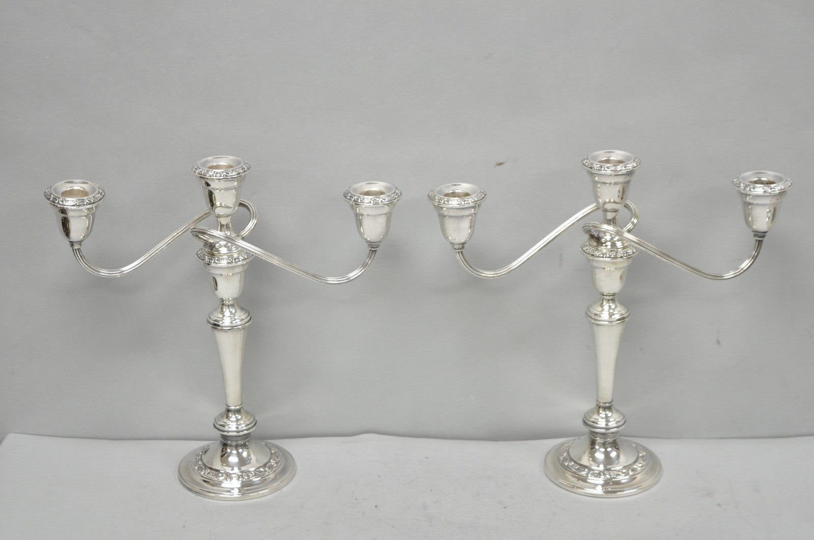 Vintage Gorham YC3021 Silver Plated 3 Arm Convertible Candelabra - a Pair
