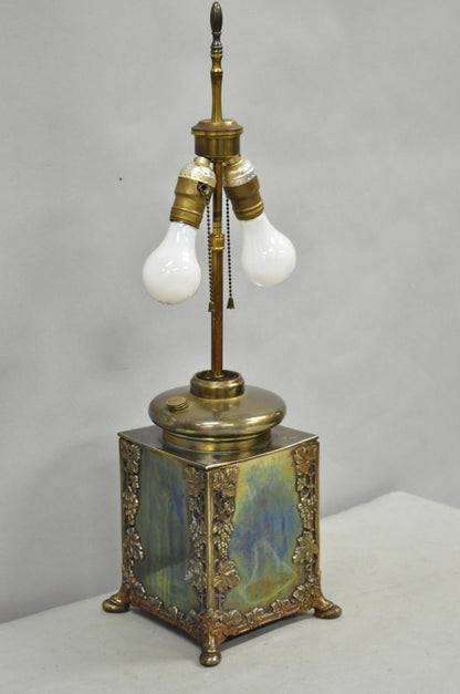Antique French Art Nouveau Brass Maple Leaf Converted Oil Lamp Table Lamp