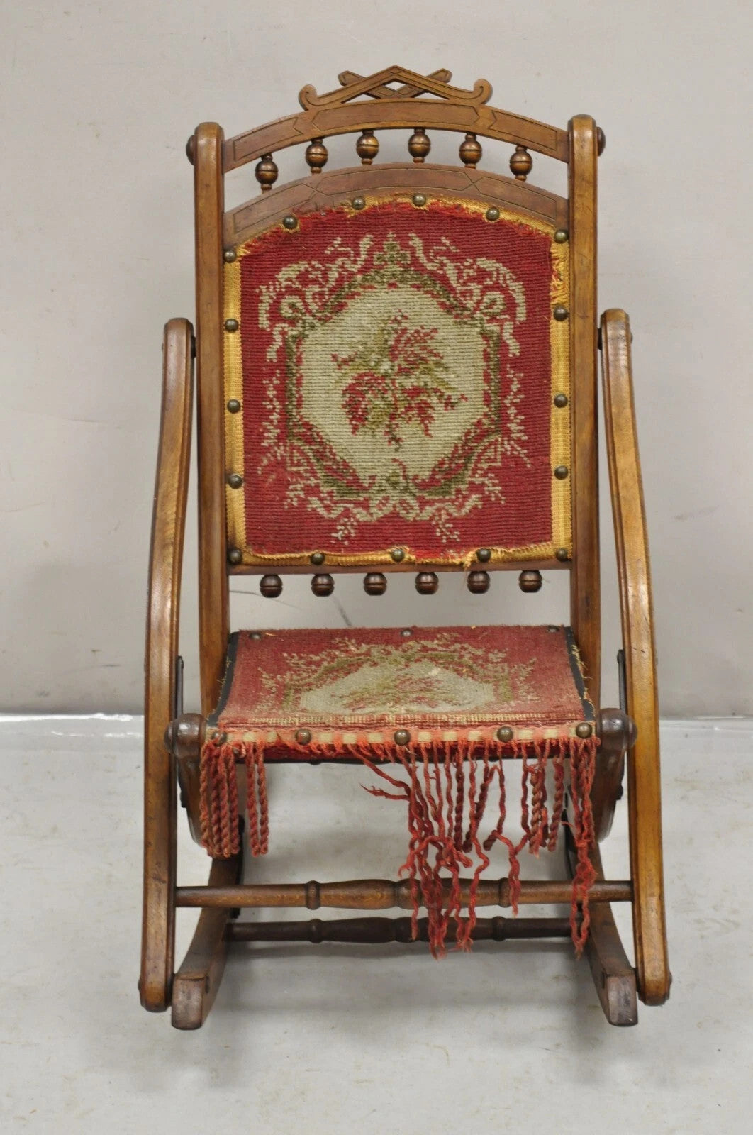 Antique Eastlake Victorian Walnut Small Child's Folding Rocker Rocking Chair