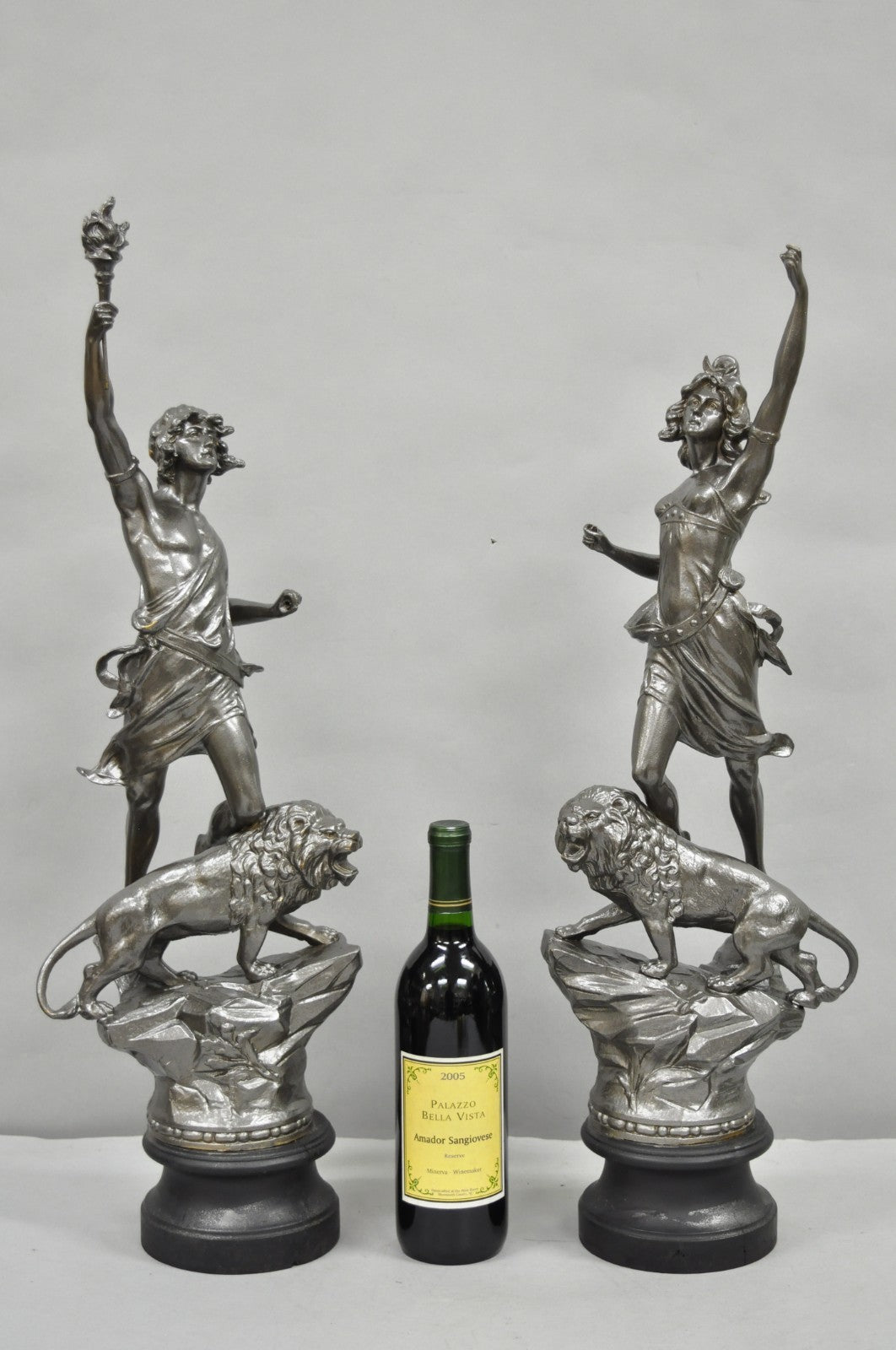 Antique French Renaissance "Le Force & Le Pouvoir" Spelter Metal Sculpture Pair