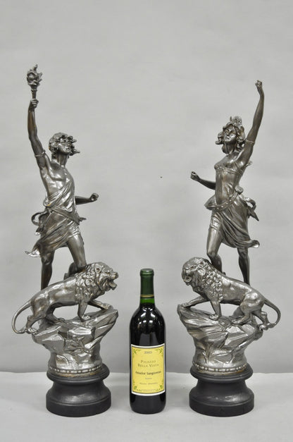 Antique French Renaissance "Le Force & Le Pouvoir" Spelter Metal Sculpture Pair
