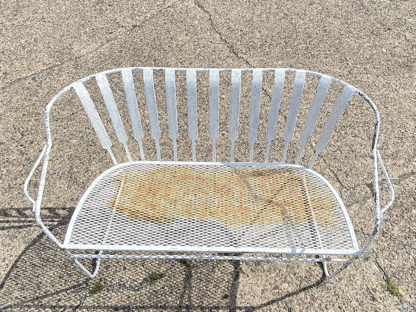 Vintage Mid Century Modern Wrought Iron Sculptural Garden Patio Loveseat Sofa