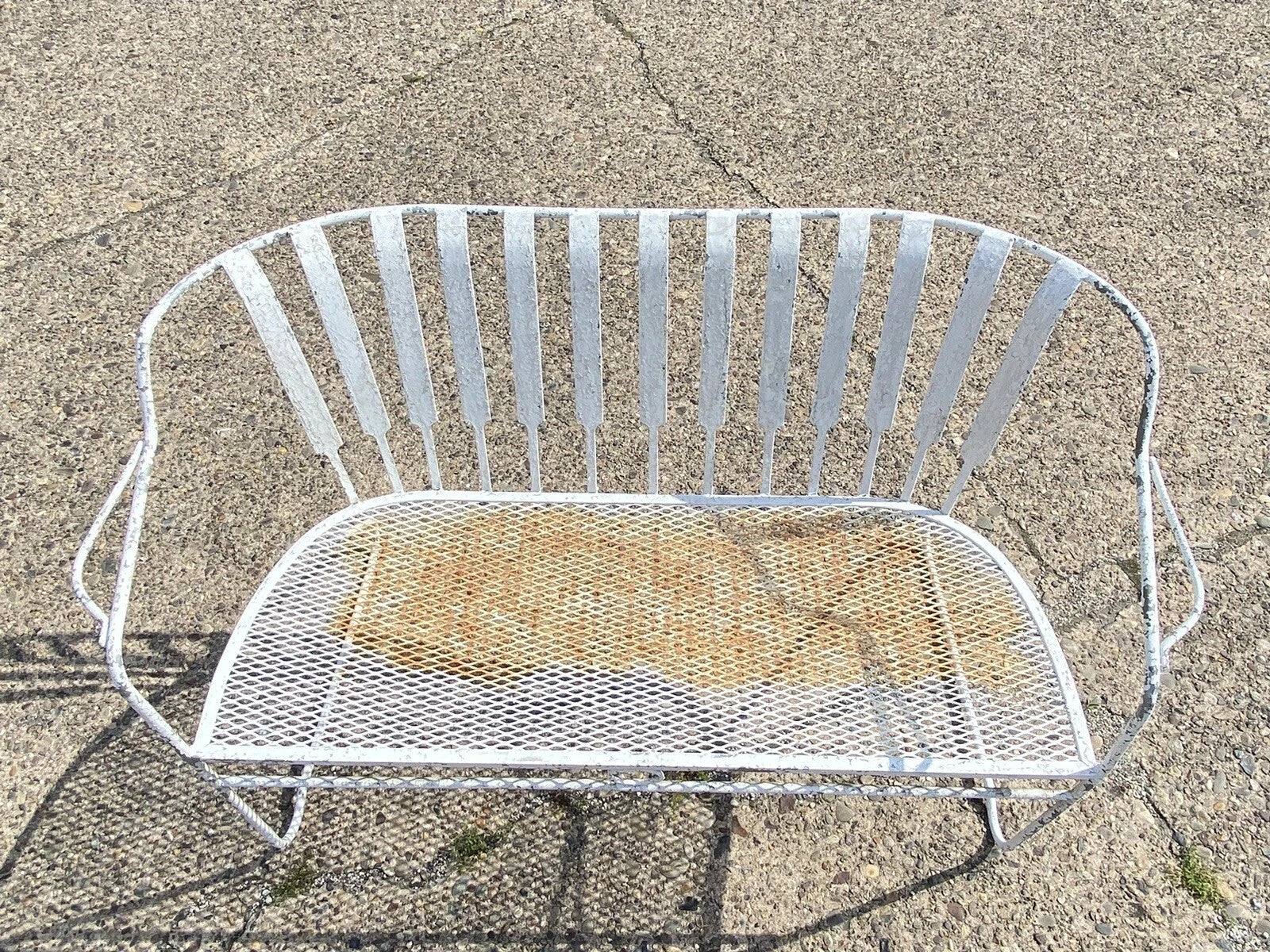 Vintage Mid Century Modern Wrought Iron Sculptural Garden Patio Loveseat Sofa