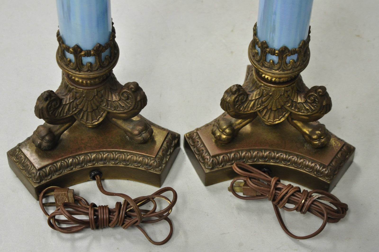 Vintage Italian Neoclassical Empire Iridescent Blue Glass Column Table Lamp Pair