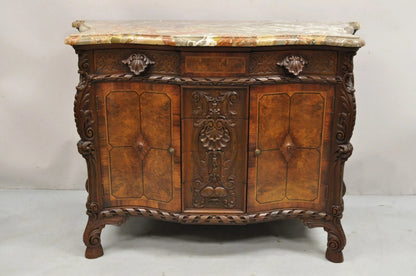 Antique French Louis XV Baroque Burl Walnut Marble Top Commode 5 Drawer Dresser