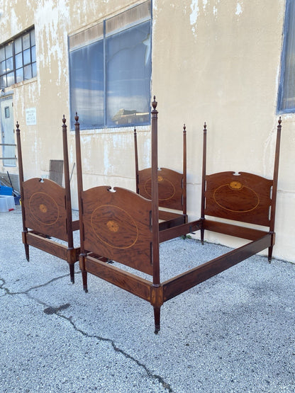 Antique Sheraton Federal Pinwheel Inlay Mahogany 4 Poster Twin Bed Frame - Pair