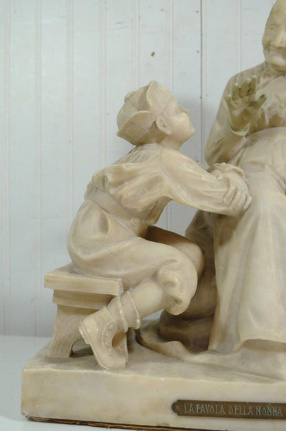 E Battiglia La Favola Della Nonna Alabaster Italian Sculpture Tale of Grandma