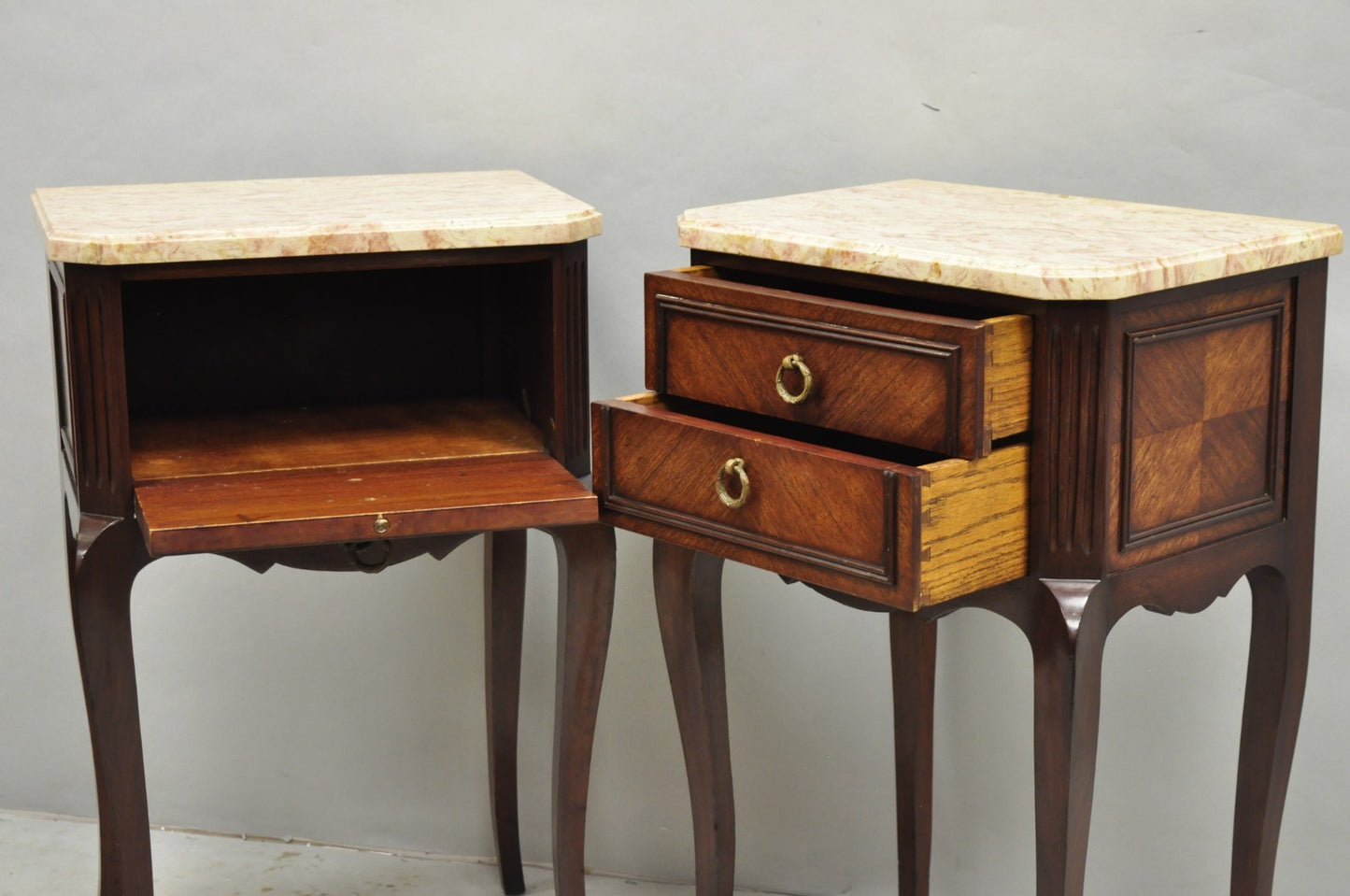 Vintage French Louis XV Style Pink Marble Top Mahogany Nighstand Table - a Pair