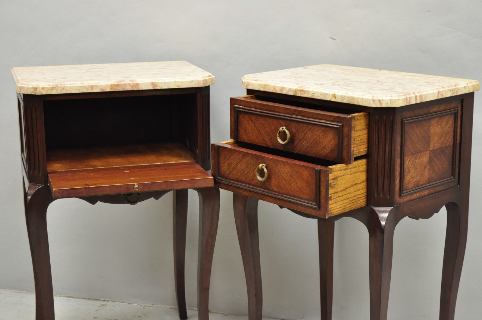 Vintage French Louis XV Style Pink Marble Top Mahogany Nighstand Table - a Pair