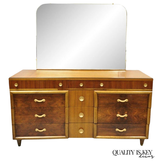 Mid Century Modern Art Deco Walnut Long Dresser Credenza w Mirror by Joerns Bros