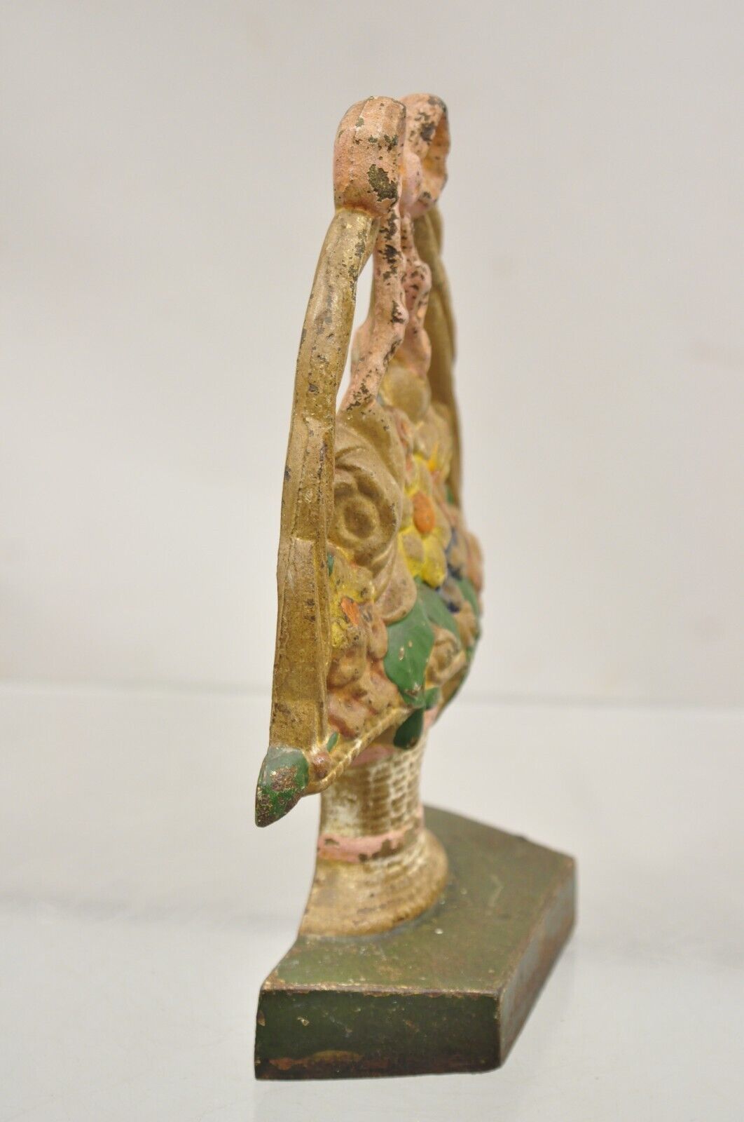 Antique Victorian Cast Iron Painted Floral Bouquet Pink Bow Basket Door Stop