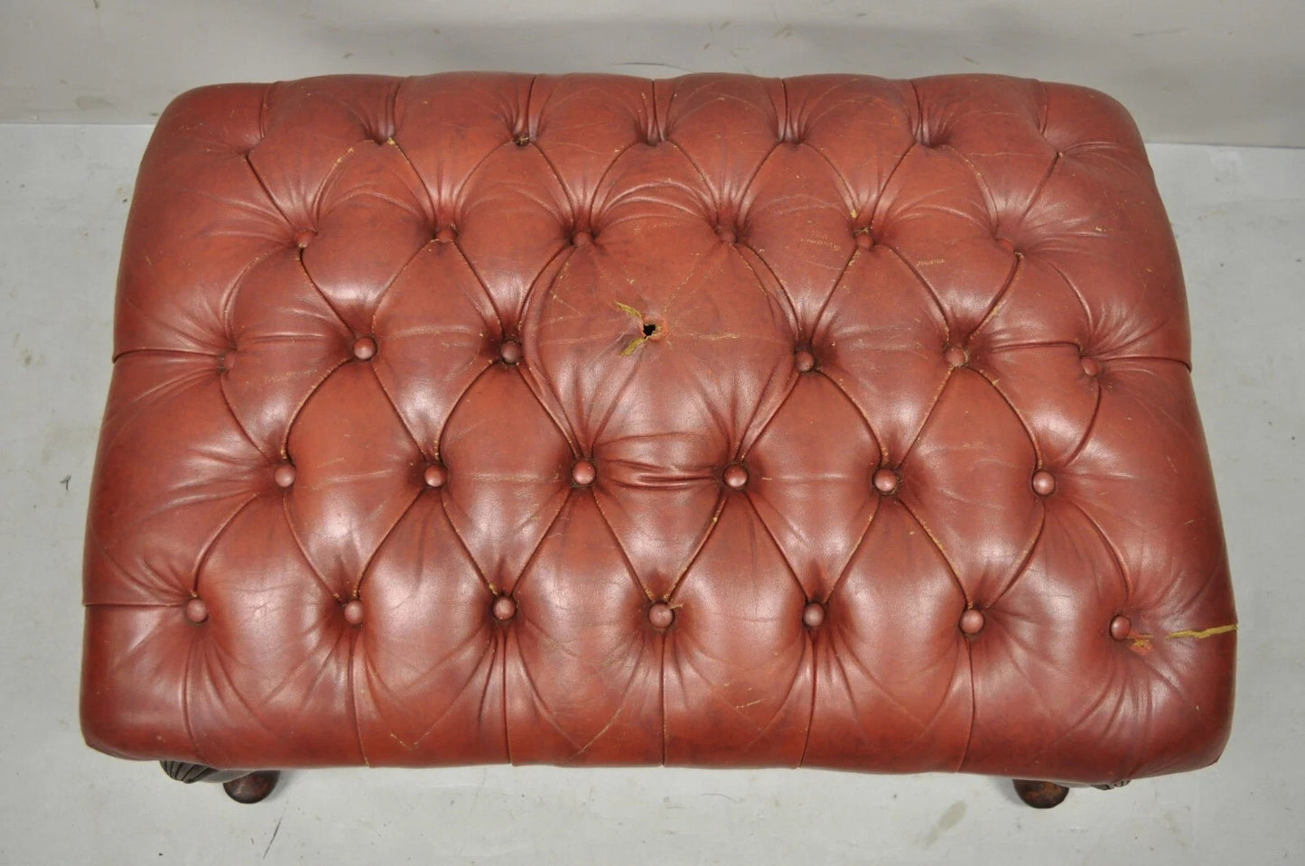 Vintage English Chesterfield Queen Anne Brown Leather Tufted Ottoman Footstool