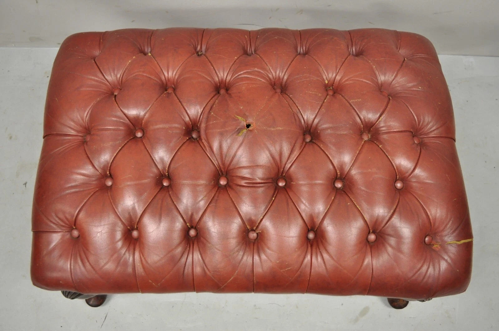Vintage English Chesterfield Queen Anne Brown Leather Tufted Ottoman Footstool