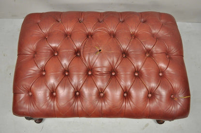 Vintage English Chesterfield Queen Anne Brown Leather Tufted Ottoman Footstool