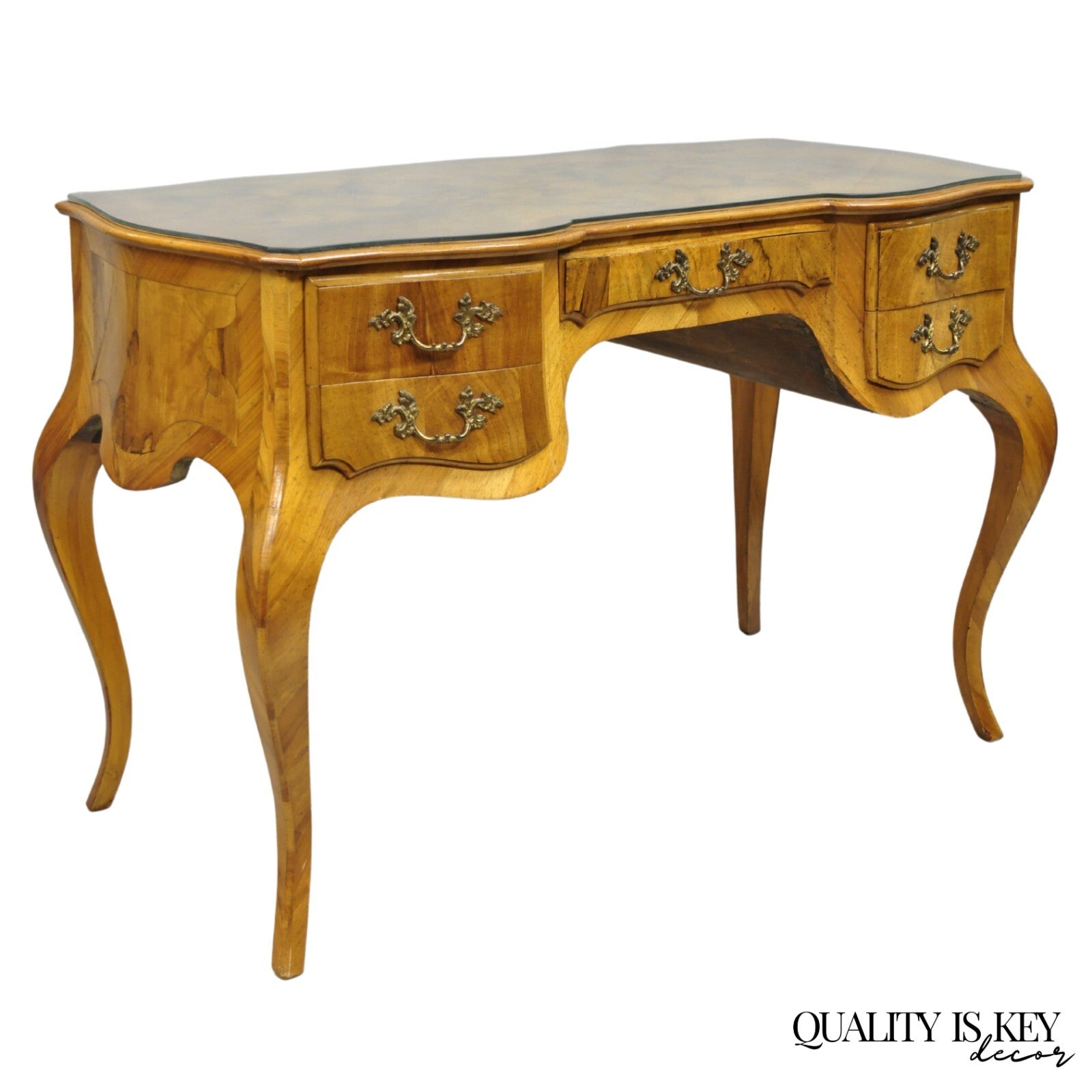 Vintage Italian Rococo French Country Burl Wood Olive Wood Inlay Writing Desk