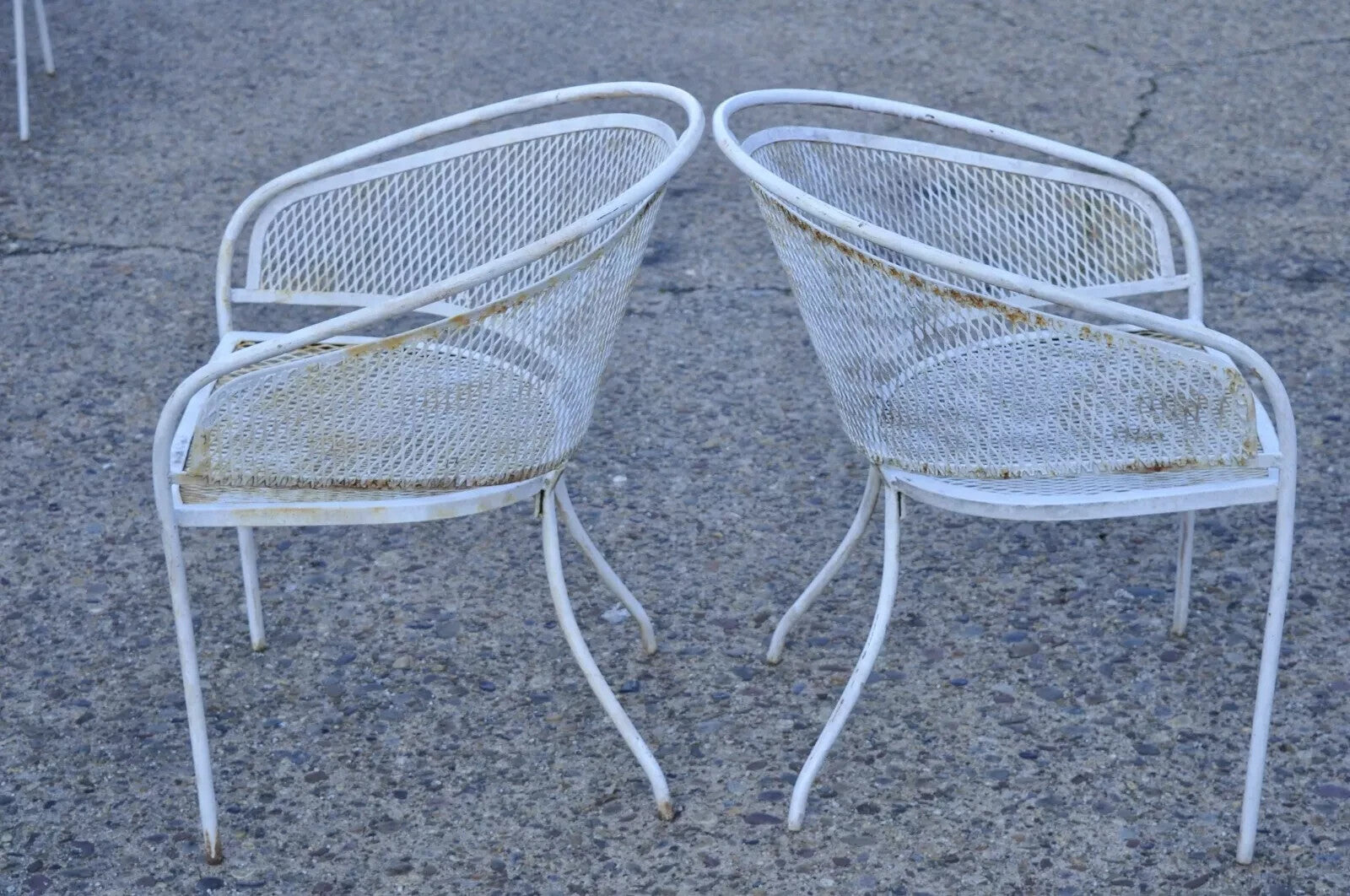 Vintage Mid Century Wrought Iron Barrel Back Patio Dining Arm Chairs - Set of 6