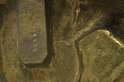 French Empire Renaissance Brass Lion Coat of Arms Cannonball Andirons - a Pair