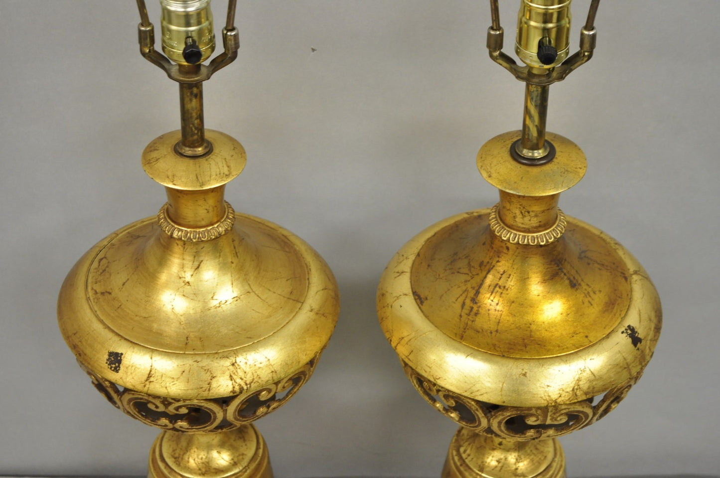 Vintage Italian Hollywood Regency Gold Gilt Iron Metal Fretwork Table Lamps Pair