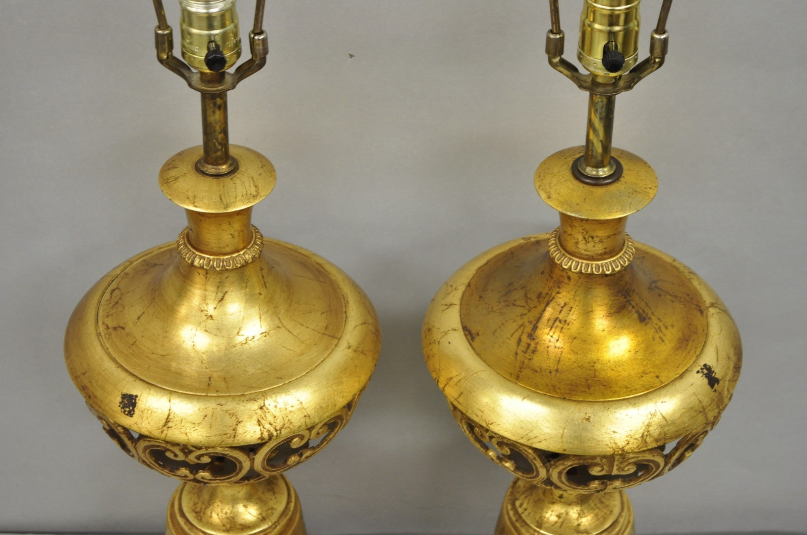 Vintage Italian Hollywood Regency Gold Gilt Iron Metal Fretwork Table Lamps Pair