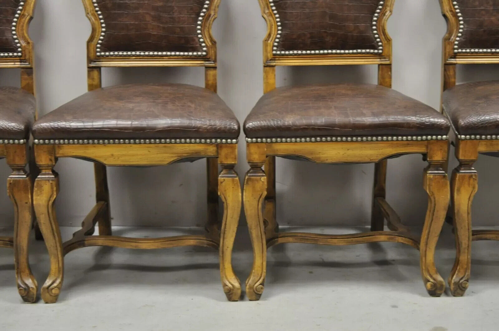 Italian Baroque Rococo Carved Wood Brown Reptile Print Dining Chairs - Set of 4