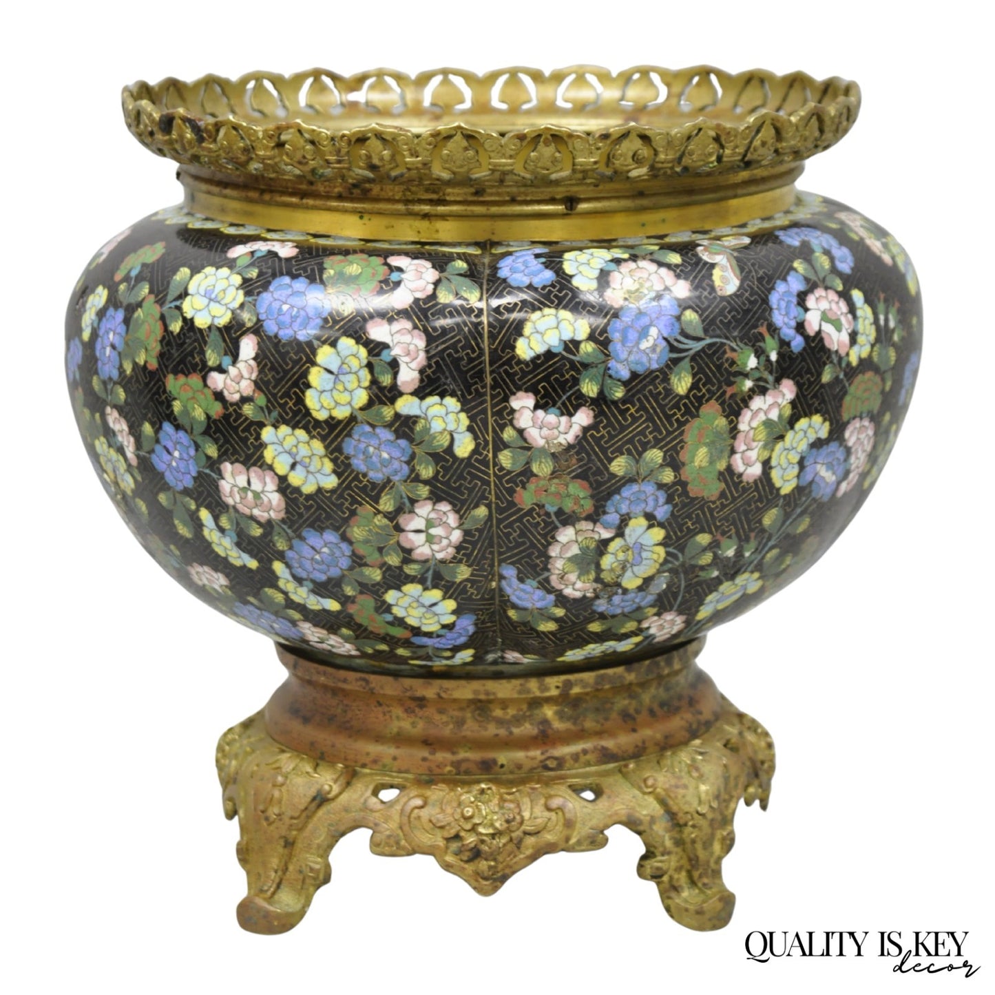 Antique Chinese Black Cloisonne Enamel Butterfly & Flower Bronze Cachepot Vase