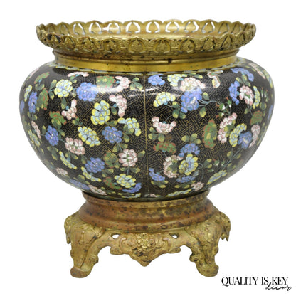 Antique Chinese Black Cloisonne Enamel Butterfly & Flower Bronze Cachepot Vase