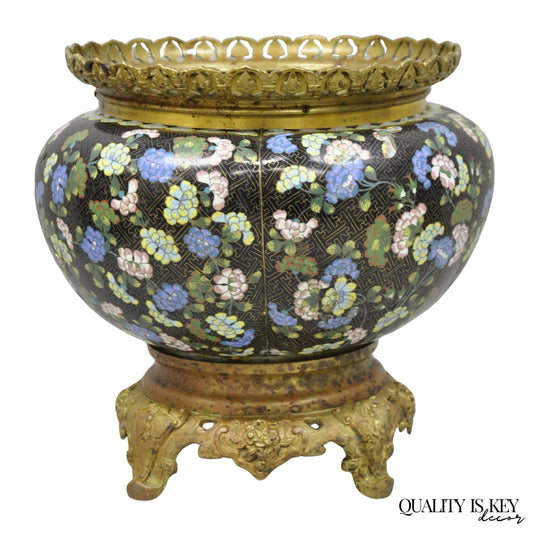 Antique Chinese Black Cloisonne Enamel Butterfly & Flower Bronze Cachepot Vase
