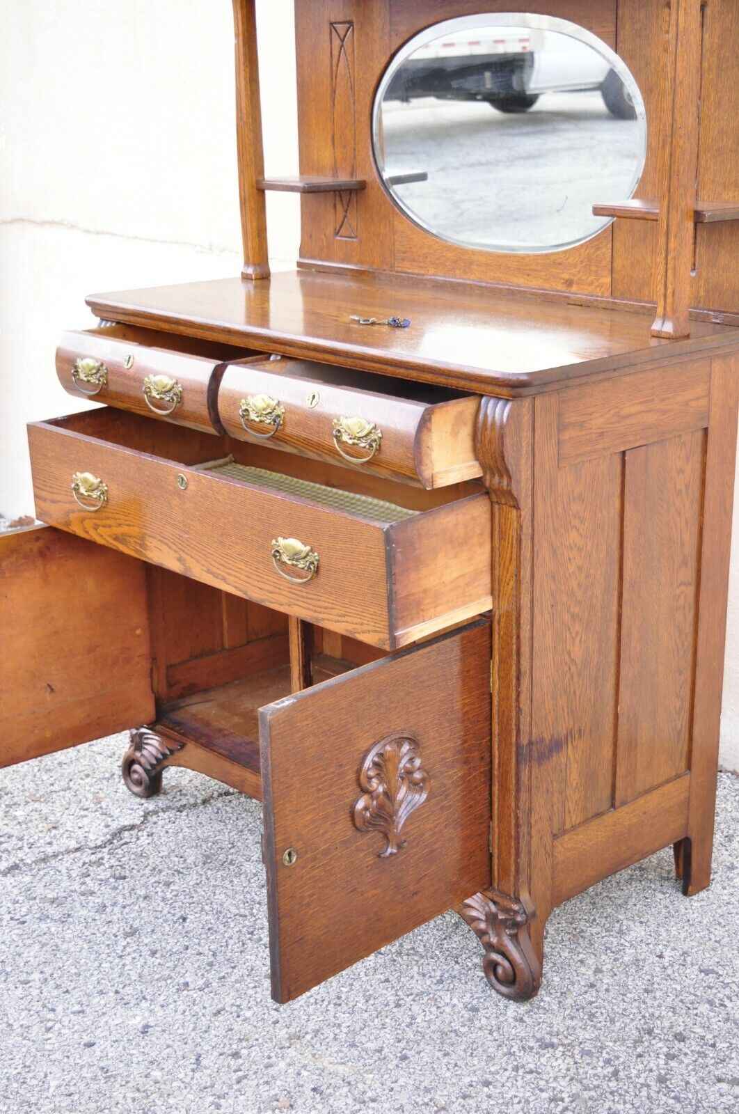 Antique Victorian Oak Wood Sideboard Buffet with Mirror Hutch Backsplash Shelf