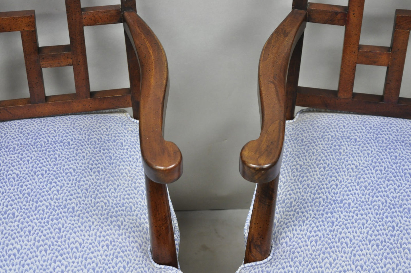 Vintage Chinese Chippendale James Mont Style Fretwork Lounge Arm Chairs - a Pair
