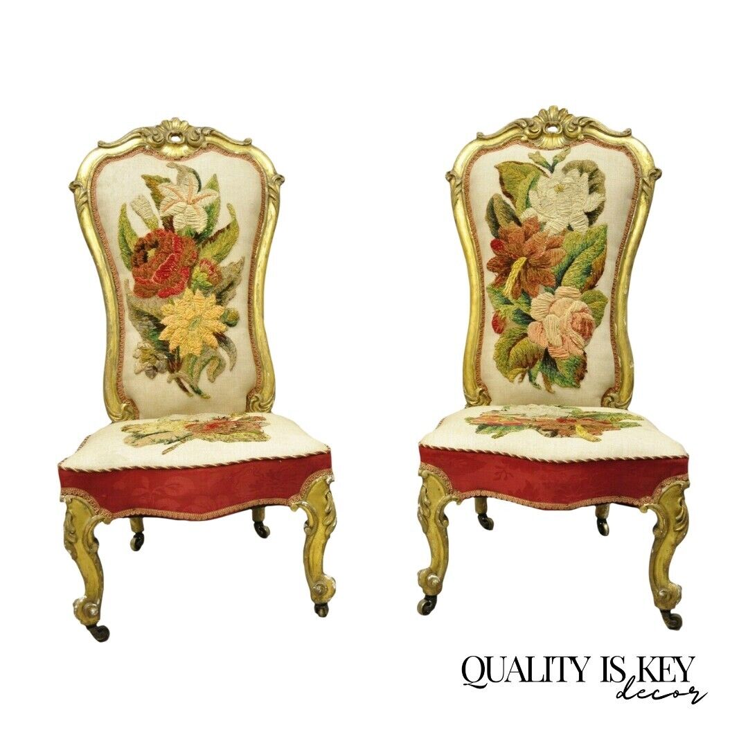 Antique French Victorian Gold Gilt Rococo Revival Slipper Parlor Chairs - a Pair