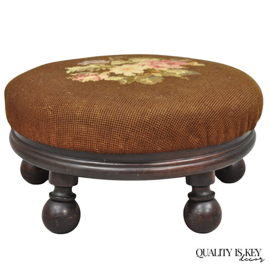 Antique Victorian Round Needlepoint Small Footstool Ottoman w/ 5 Walnut Bun Feet