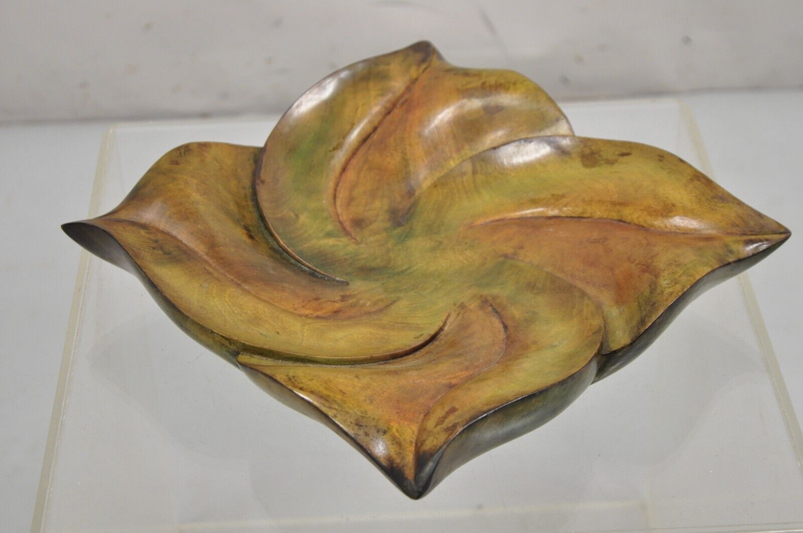 Vintage Dan Karner Mid Century Modern Square Carved Wood Leaf Centerpiece Bowl