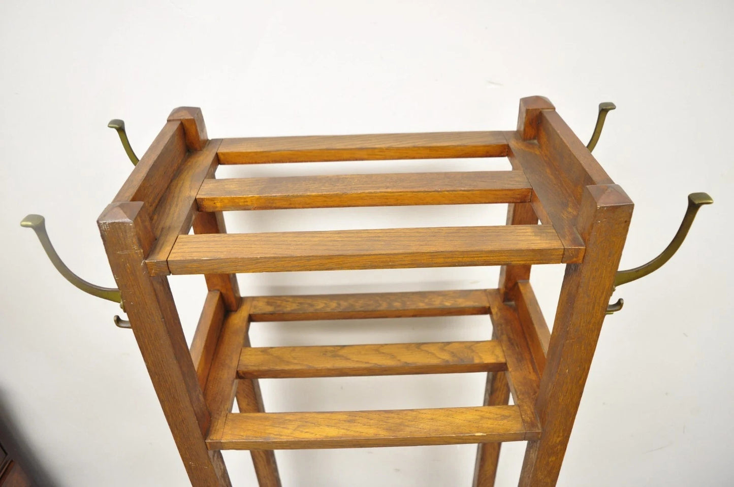 Antique Mission Arts & Crafts Oak Wood Coat Hook Hall Tree Umbrella Stand