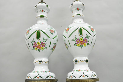 Antique Bohemian Czech Cut to Clear Glass Green and White Table Lamps - a Pair