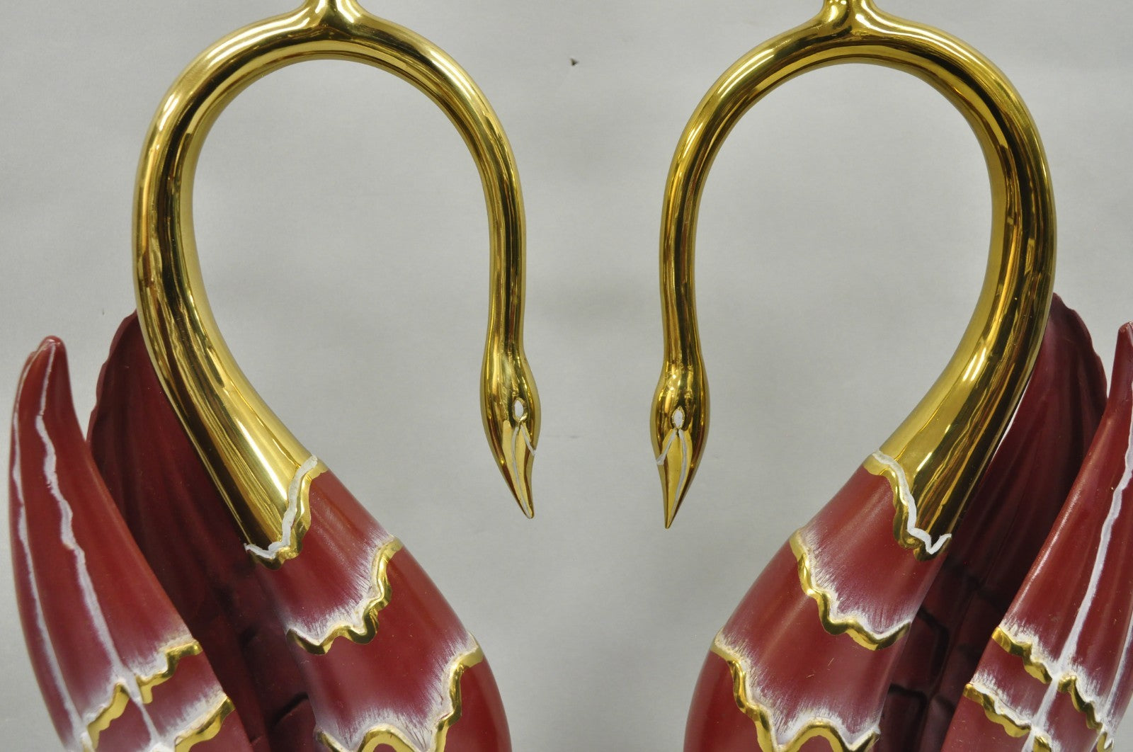 Vintage Art Nouveau Modern Brass Figural Swan Gold Red Table Lamps w Shades Pair
