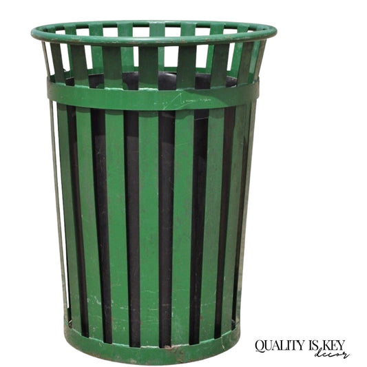 Outdoor Slatted Steel Metal Green Park Trash Can & Liner - 24 Gallon
