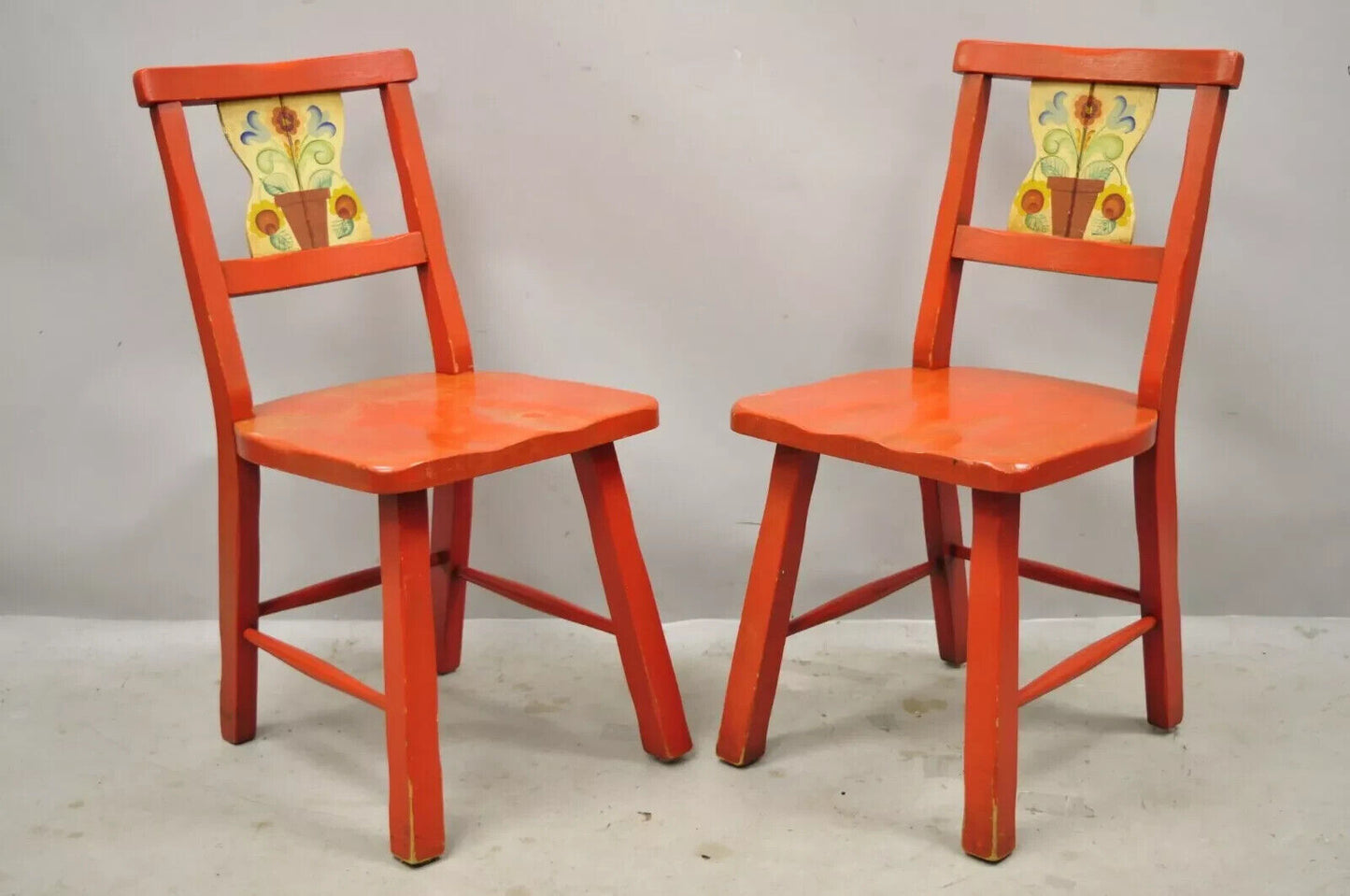 Vintage Colonial Hand Painted Flower Red Wooden Side Chairs by Gimble's - a Pair