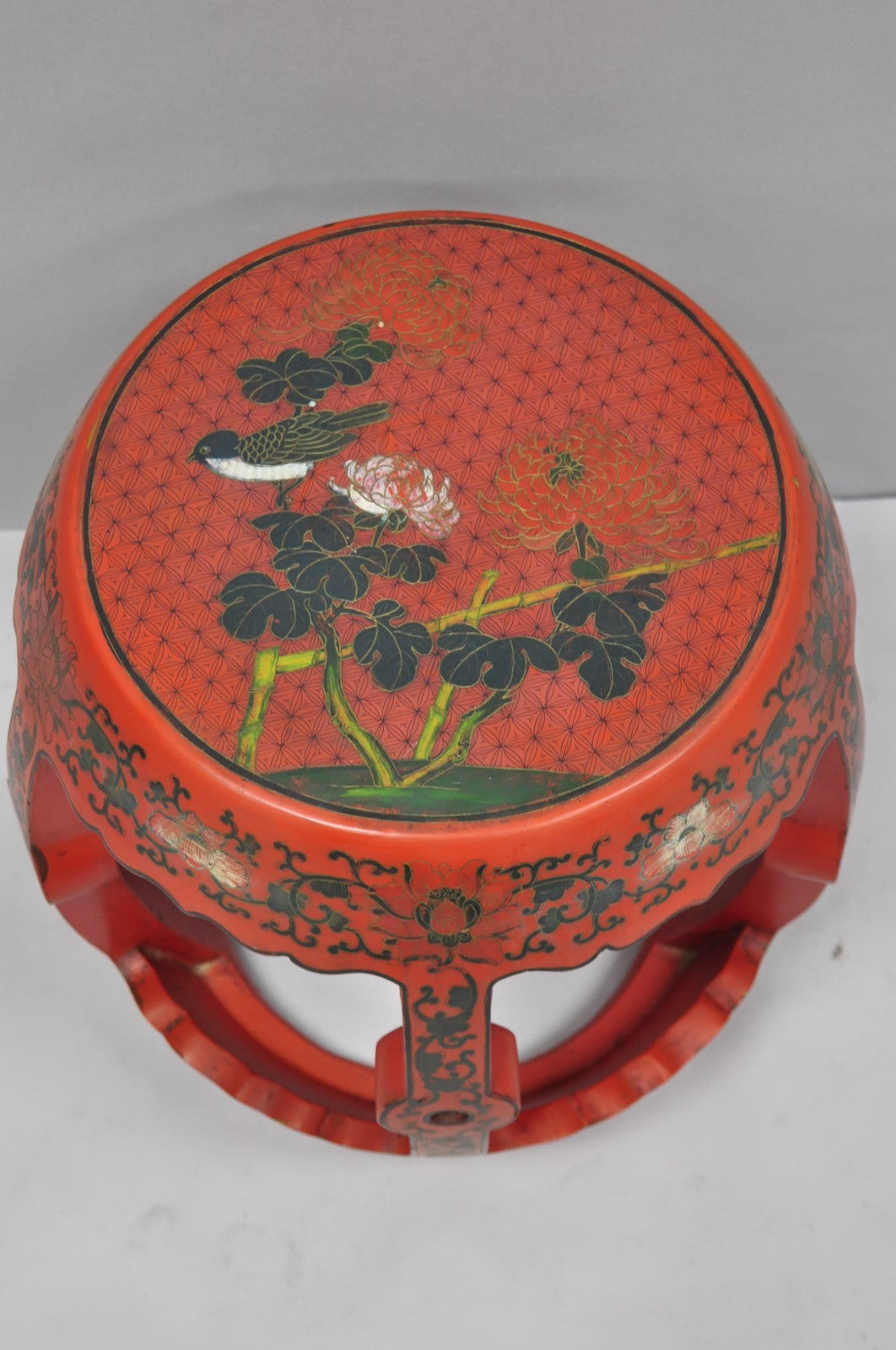 Vintage Chinoiserie Red Lacquer Plant Stand Garden Stool Drum Side Table (B)