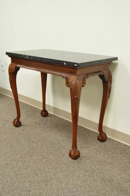 Vintage Chippendale Style Carved Mahogany Ball and Claw Marble Top Console Table