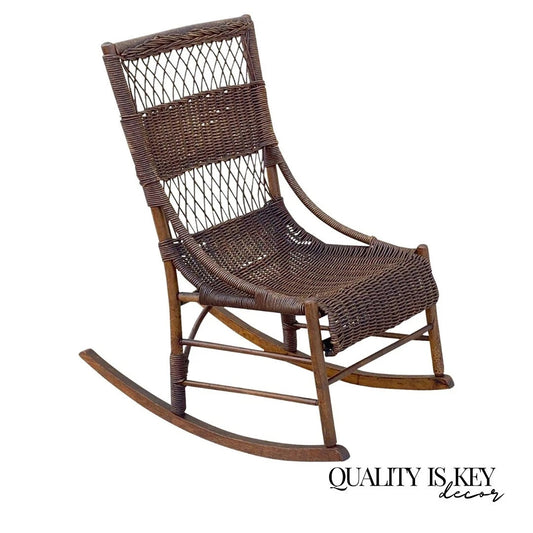 Antique Victorian Wicker and Rattan Wooden Small Rocking Chair Rocker