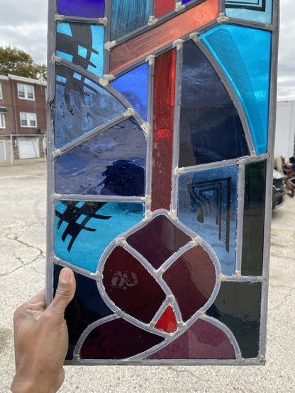 Vintage Art Deco Blue & Red Leaded Stained Glass Church Window w/ Cross 29x13