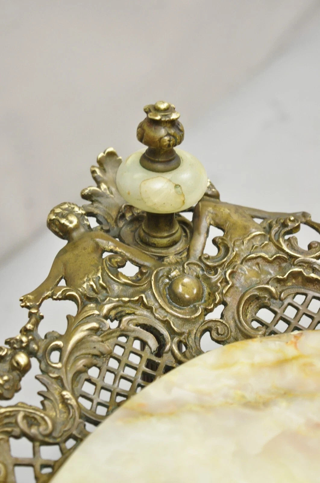 Antique French Victorian Bronze 2 Tier Onyx Stone Plant Stand Accent Side Table