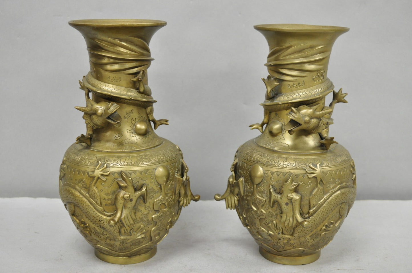 Vintage Japanese Dragon Relief Bronze Chinese 10" Oriental Flower Vase - a Pair