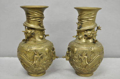 Vintage Japanese Dragon Relief Bronze Chinese 10" Oriental Flower Vase - a Pair